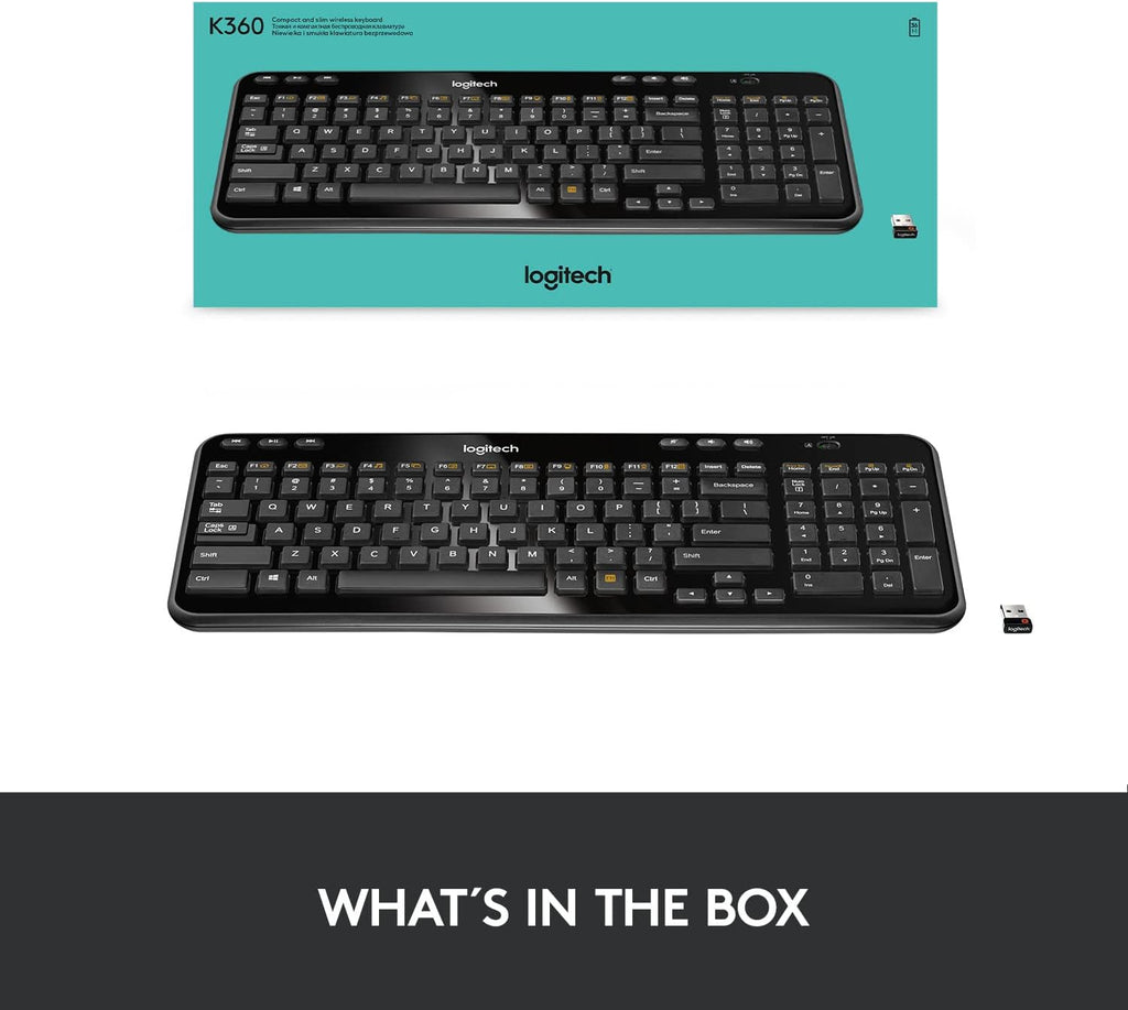 Logitech K360 Wireless USB Desktop Keyboard — Compact Full Keyboard, 3-Year Battery Life (Glossy Black)