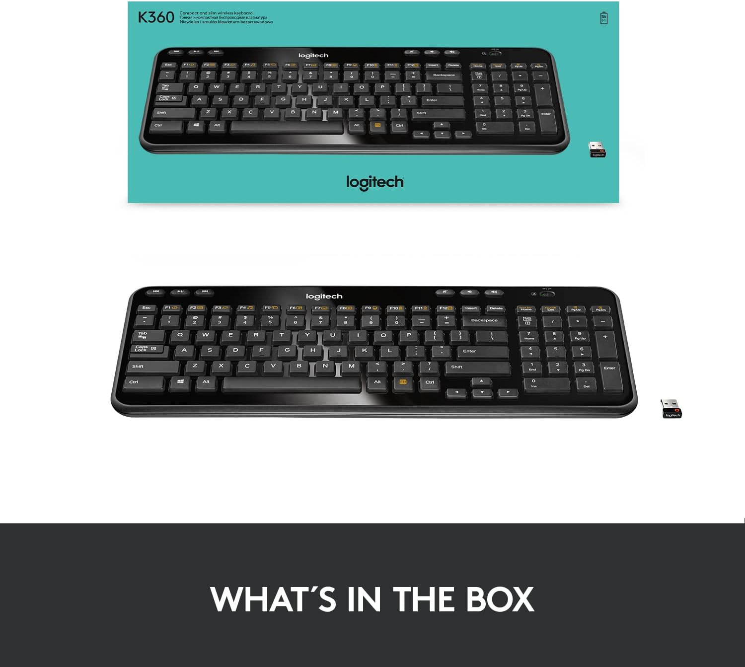 Logitech K360 Wireless USB Desktop Keyboard — Compact Full Keyboard, 3-Year Battery Life (Glossy Black)