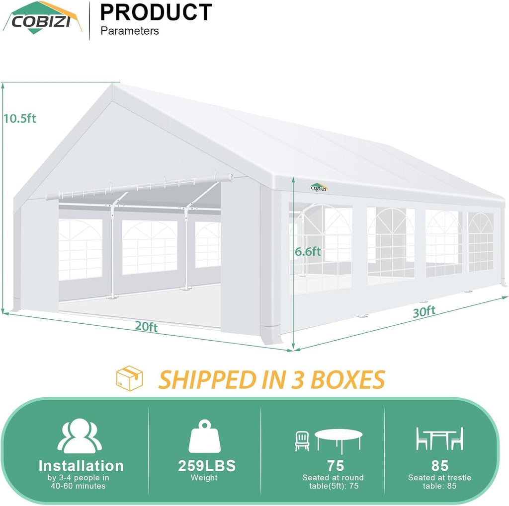 COBIZI 20x30 Party Tent Heavy Duty, Galvanized Wedding Tent, Event Shelter for Parties, Large Outdoor Gazebo with Removable Sidewall & Built-in Sandbag, Carpas para Fiestas, Waterproof, White
