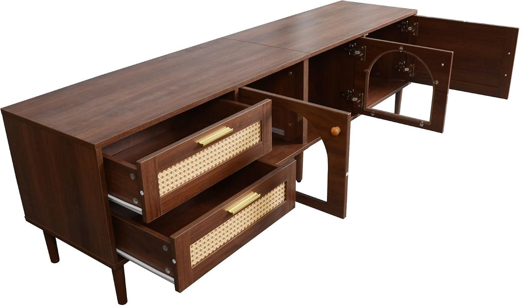 Rattan TV Stand with 3 Cabinets & 2 Drawers, LED Media Console Table for TVs up to 80'', TV Cabinet for Living Room, Entertainment Center，Bedroom, Home Theatre
