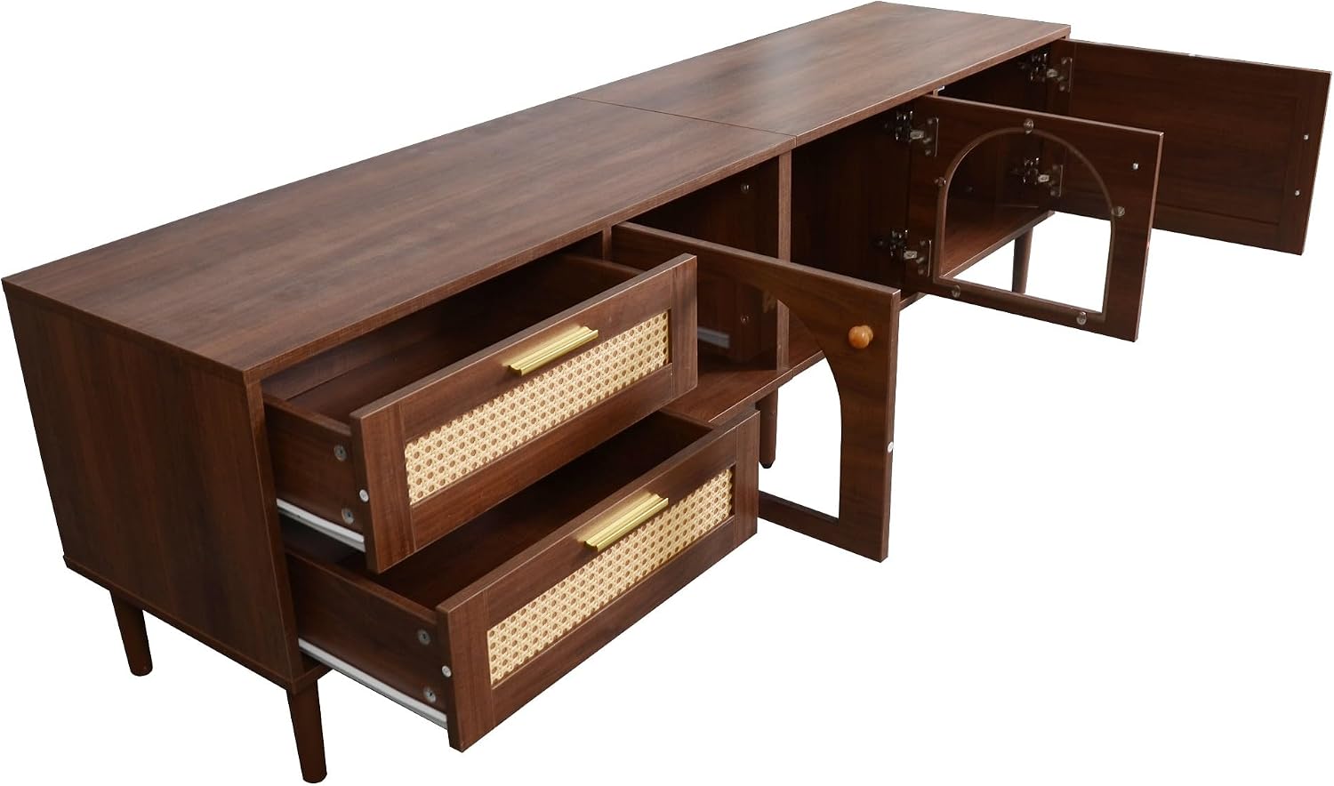 Rattan TV Stand with 3 Cabinets & 2 Drawers, LED Media Console Table for TVs up to 80'', TV Cabinet for Living Room, Entertainment Center，Bedroom, Home Theatre
