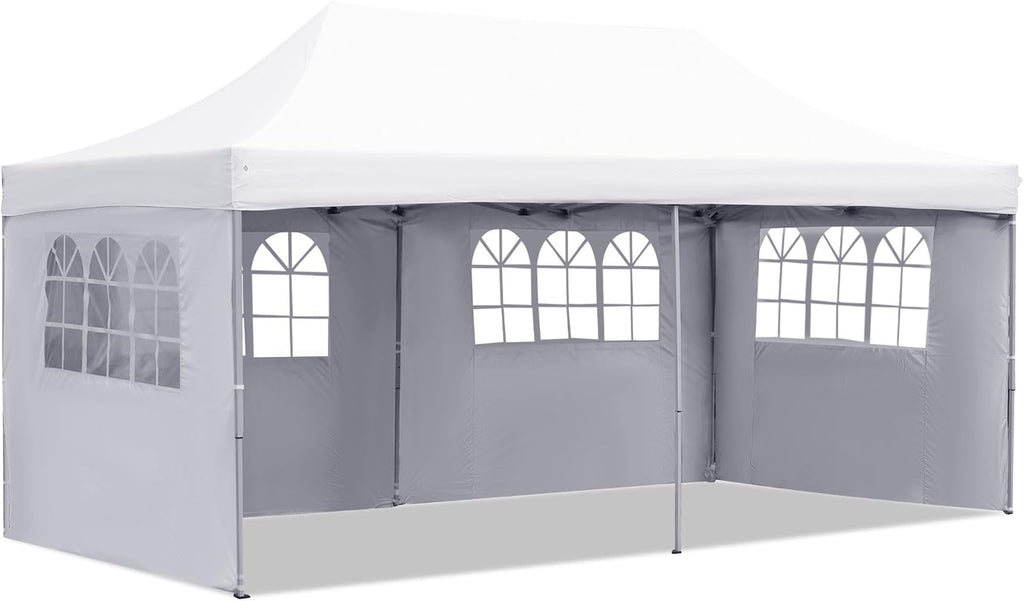 GDY 10'x20' Pop Up Canopy, Folding Party Tent with 4-Panel Removable Sidewalls, Heavy Duty Outdoor Commercial Instant Gazebo with Wheeled Bag, White.