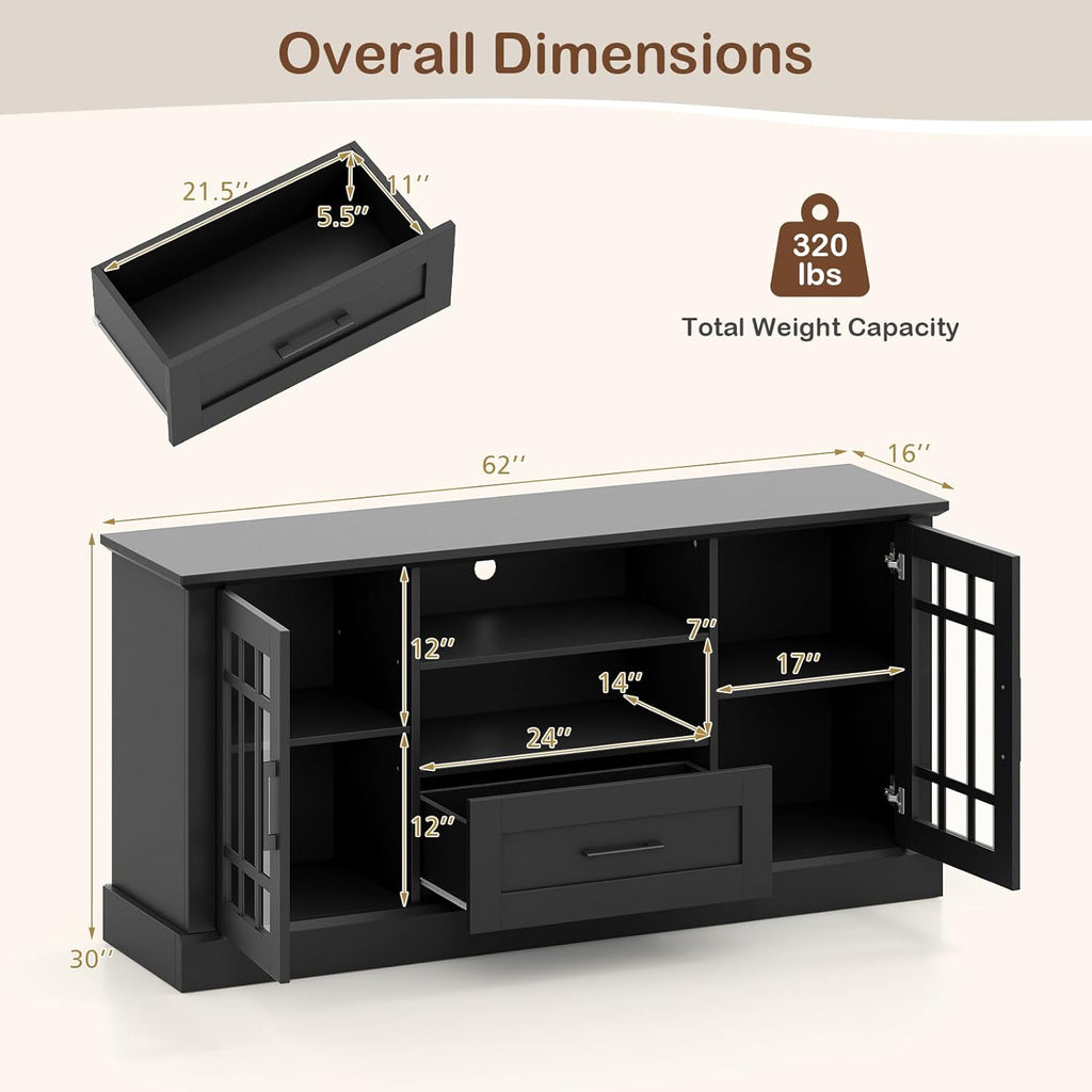 Tangkula Farmhouse TV Stand for TV up to 65 70 Inches, Tall Media Console Table with 2 Glass Storage Cabinets, 1 Drawer & 2 Open Shelves, Wooden Entertainment Center for Living Room (Black)