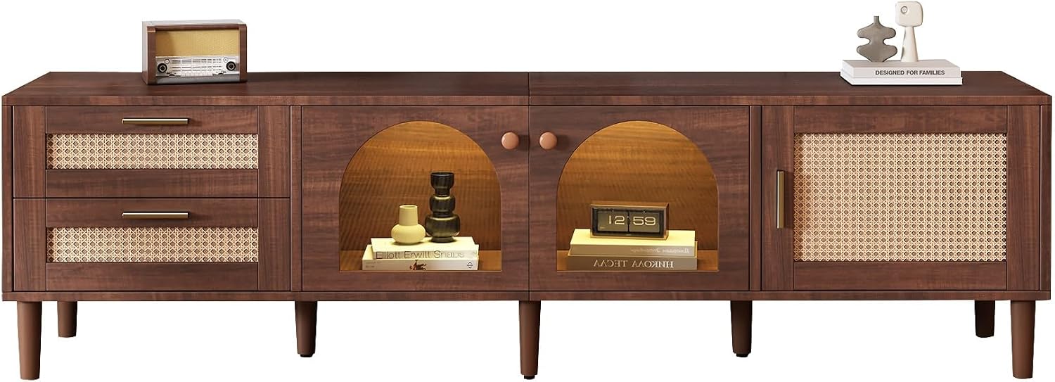 Rattan TV Stand with 3 Cabinets & 2 Drawers, LED Media Console Table for TVs up to 80'', TV Cabinet for Living Room, Entertainment Center，Bedroom, Home Theatre