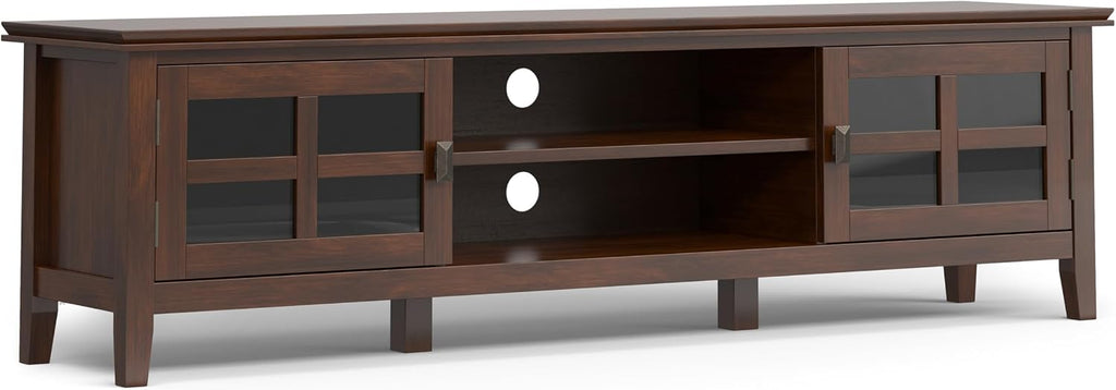 SIMPLIHOME Artisan TV Stand - 72 inch Wide Solid Wood Low Media Console in Russet Brown, Transitional Entertainment Center for Living Room for TVs up to 80 Inches with Shelves and Cable Management
