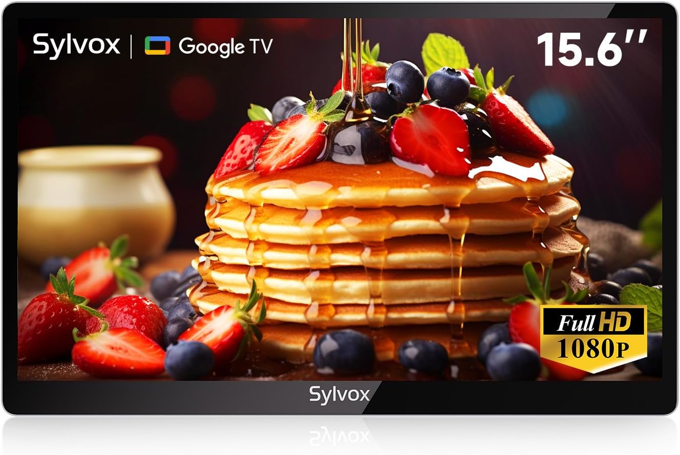 SYLVOX 15.6' Kitchen TV, 1080P FHD Under Cabinet TV with App Store, Voice Assistant, Chromecast, 12-Volt for Small Spaces, Kitchen, Bedroom, RV - Fits Tight Cabinets