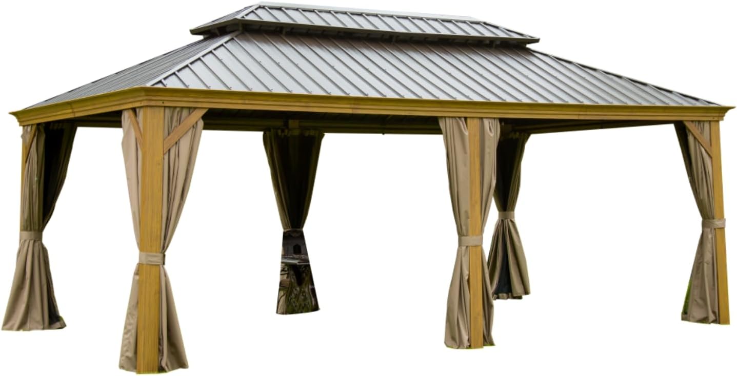 GOWE 14x20FT Hardtop Gazebo, Permanent Metal Gazebo with Galvanized Steel Double Roof and Aluminum Frame, Curtain and Netting, Large Pavilion Gazebo, Wood Looking