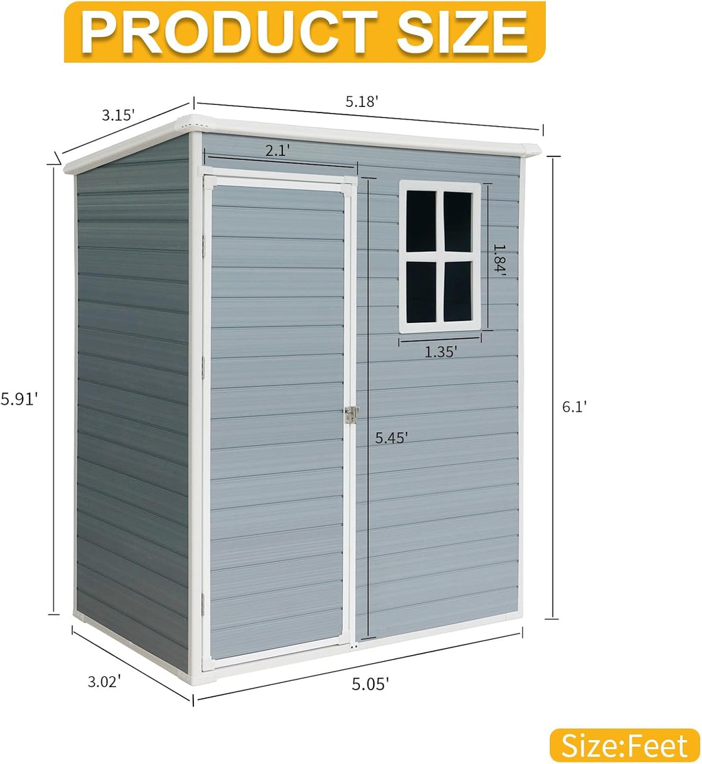 5x3 FT Resin Outdoor Storage Shed with Floor,All-Weather Outdoor Shed with Lockable Door,Window & Sloped Roof,Plastic Outside Tool Storage for Garden,Backyard,Patio,Lawn,Gray