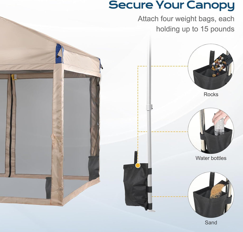 Aoodor 10x10 Ft Pop Up Canopy Tent with Netting, Water-Resistant 210D Oxford Fabric Shade, Easy Assembly Commercial Gazebo with Wheeled Carry Bag & 4 Sand Bags for Camping, Party, Khaki