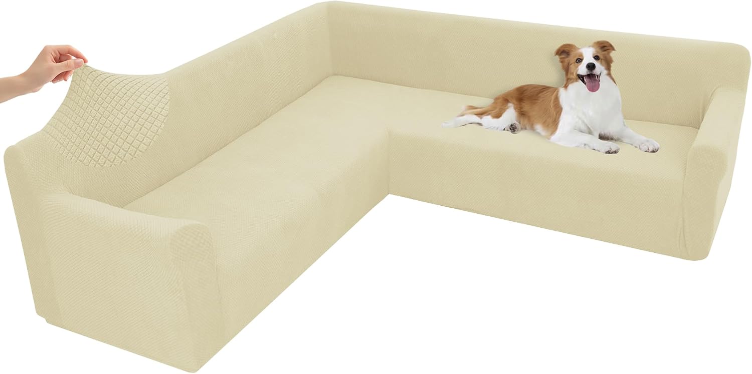 Arfntevss Stretch Sectional Couch Covers L Shaped Corner Sectional Sofa Cover Washable Jacquard Soft Fleece U Shape Sofa Slipcovers Anti Slip Furniture Protector for Dogs Pets (X-Large, Beige)