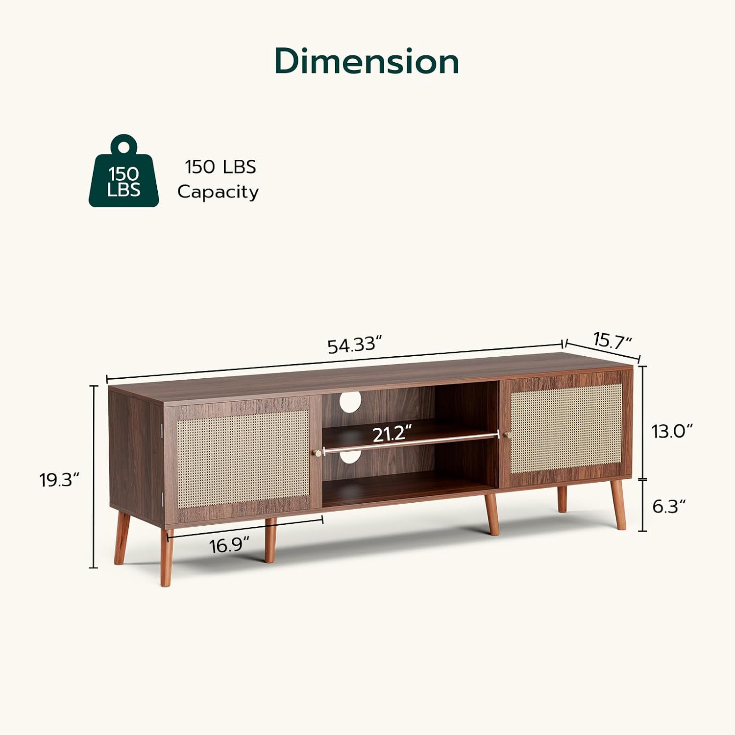 ZttRiee TV Stand for TVs up to 65'', Entertainment Center With Rattan Door, Shelves & 2 Cabinets, Long Boho Media Console for Living Room, Walnut