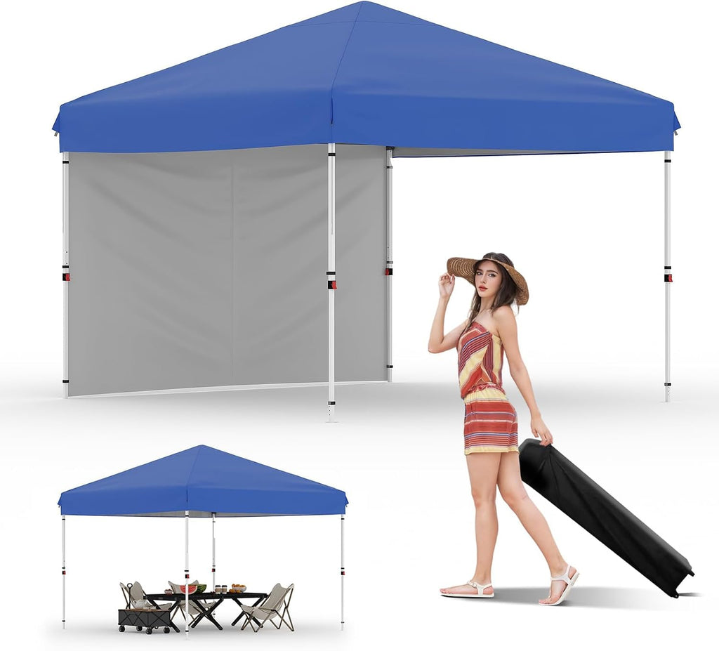 10x10 Pop Up Canopy, GarveeLife Heavy Duty Canopy Tent with One-Button Push Setup, Portable Roller Bag and 1 Sidewall, Pop Up Canopies with Adjustable Height and 4 Weight Bags (Blue, 10x10 1sidewall)