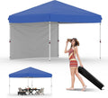 10x10 Pop Up Canopy, GarveeLife Heavy Duty Canopy Tent with One-Button Push Setup, Portable Roller Bag and 1 Sidewall, Pop Up Canopies with Adjustable Height and 4 Weight Bags (Blue, 10x10 1sidewall)