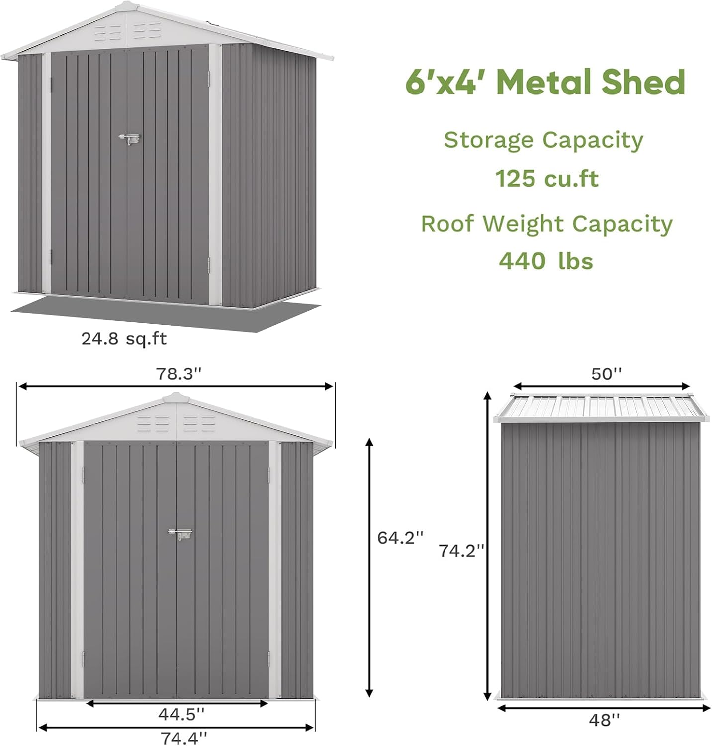 Patiowell 6x4 FT Outdoor Storage Shed, Water-Resistance Metal Outdoor Sheds with Vents & Lock, Garden Shed of Galvanized Steel for Lawn, Patio, Backyard Garden Tools, Bikes, Gray