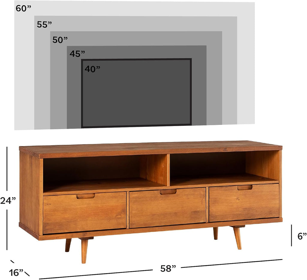 Walker Edison 3-Drawer Mid Century Modern Wood TV Stand for TV's up to 65' Flat Screen Cabinet Door Living Room Storage Entertainment Center, 58 Inch, Caramel