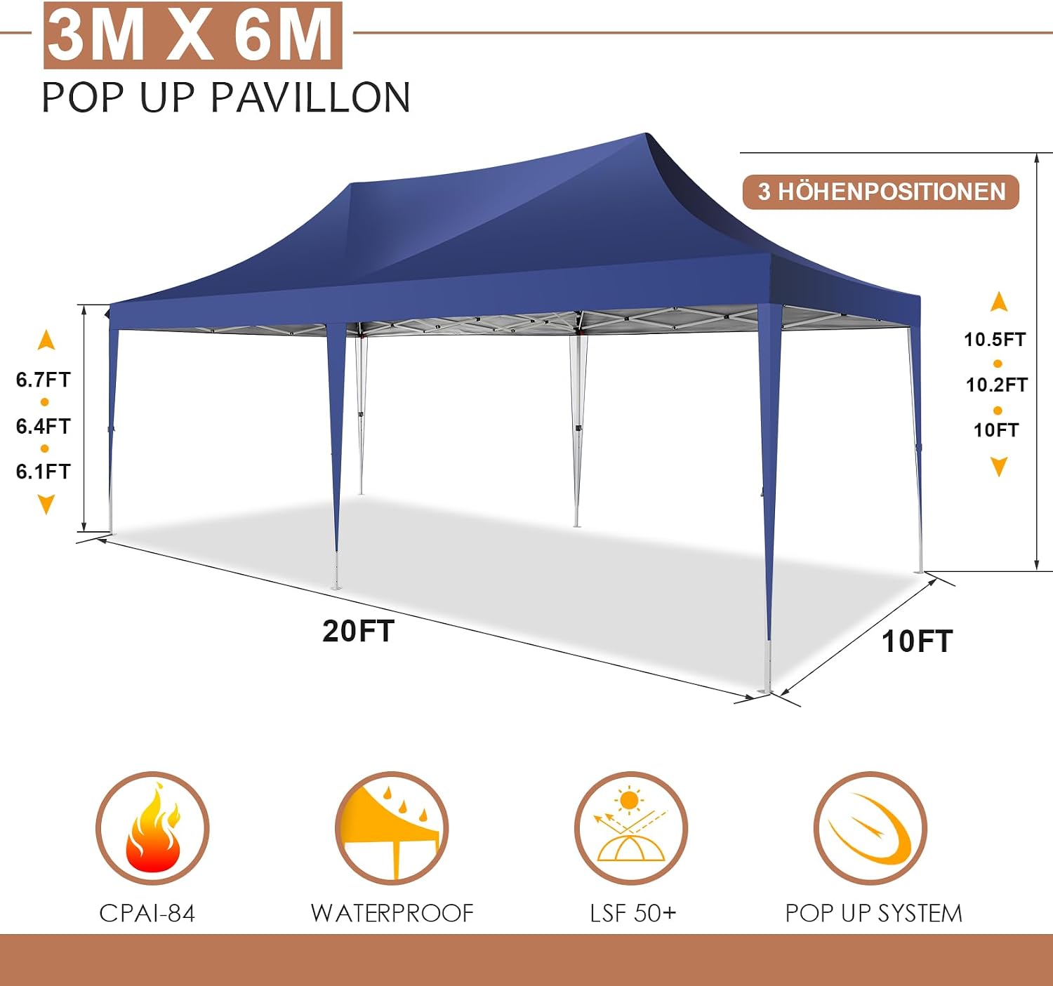 COBIZI 10x20 Pop up Canopy Tent with 6 Sidewalls, Easy Set up Canopy Tents Gazebos for Parties with Metal Frame, Waterproof & UV50+, Height Adjustable, Potable Carry Bag (Blue)
