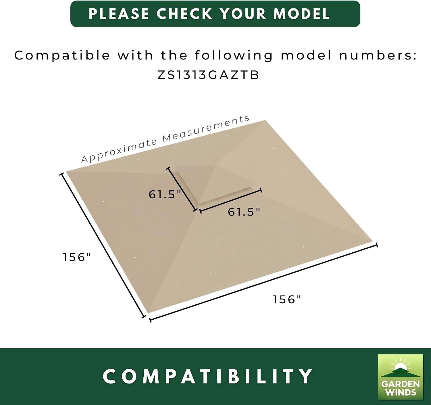 Garden Winds Reinforced RipLock 350 Replacement Canopy Top Cover Compatible with Z-Shade 13' x 13' Instant Shelter Canopy Gazebo Model ZS1313GAZTB - Beige