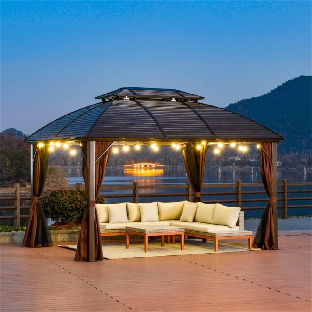10x12 Hardtop Gazebo with Aluminum Frame, Metal Roof Gazebo Canopy with Curtains and Netting for Gardens, Patios