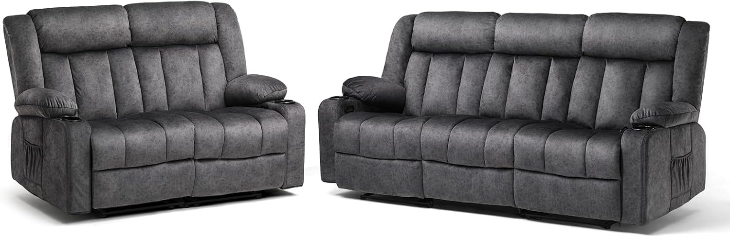 COMHOMA Manual Recliner Chair Set，Fabric Reclining Sofa Chair with Cup Holders, Upholstered Recliner with Side Pockets Suitable for Living Room Furniture (3+2)