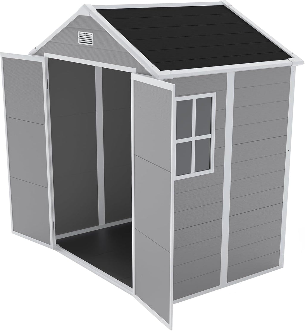 YOPTO 6x5 FT Resin Storage Shed,Garden House with Floor & Lockable Door,Waterproof Plastic Tool Sheds W/Slanting Roof Visual Window & Air Vents for Bicycles,Lawnmowers,Lawn,All Weather Use,Gray