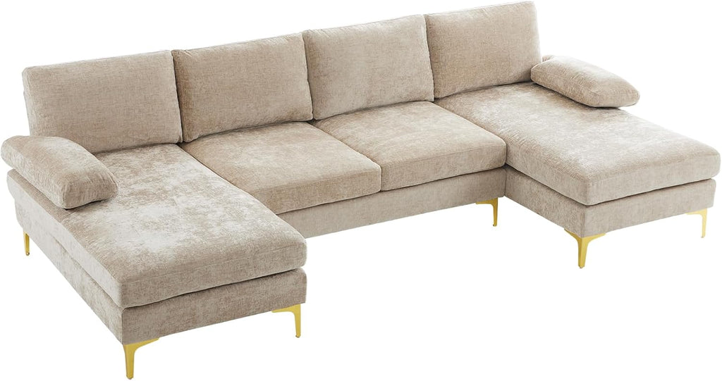 VINGLI 110' Large U-Shape Sectional Sofa Couch with 51' D Double Chaise for Living Room, Modern Sectional Couch Set with Soft 5.9' Thickness Seating Padding, Chenille Fabric,Metal Gold Legs(Khaki)