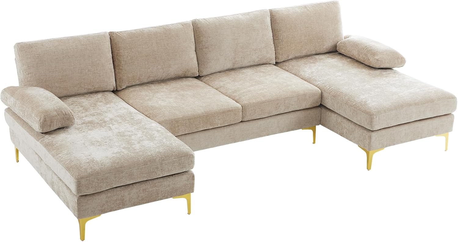 VINGLI 110' Large U-Shape Sectional Sofa Couch with 51' D Double Chaise for Living Room, Modern Sectional Couch Set with Soft 5.9' Thickness Seating Padding, Chenille Fabric,Metal Gold Legs(Khaki)