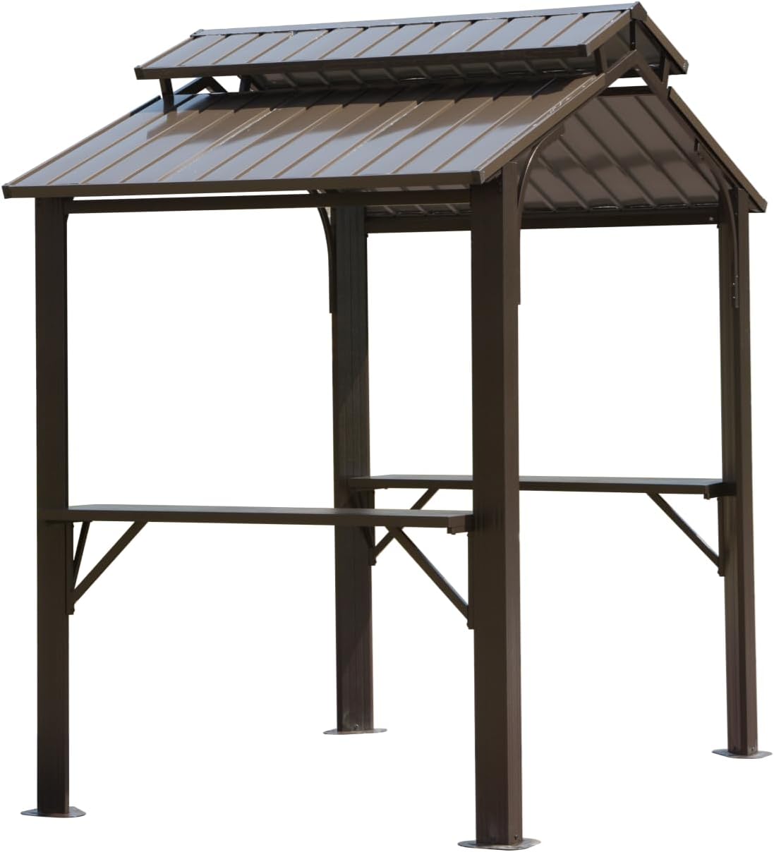 8×5FT Hardtop Grill Gazebo, Outdoor BBQ Gazebo w,Galvanized Steel Double Roof, Permanent Sun Shade Grill Canopy with 2 Side Shelves and Ceiling Hook for Patio Deck Yard G(Brown)