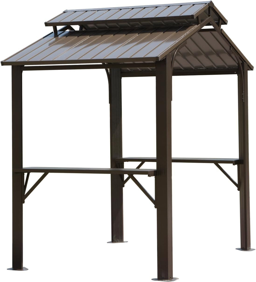 8×5FT Hardtop Grill Gazebo: Galvanized Steel Double Roof BBQ Shelter with Side Shelves - Permanent Outdoor Canopy for Patio Deck & Backyard Cooking Areas
