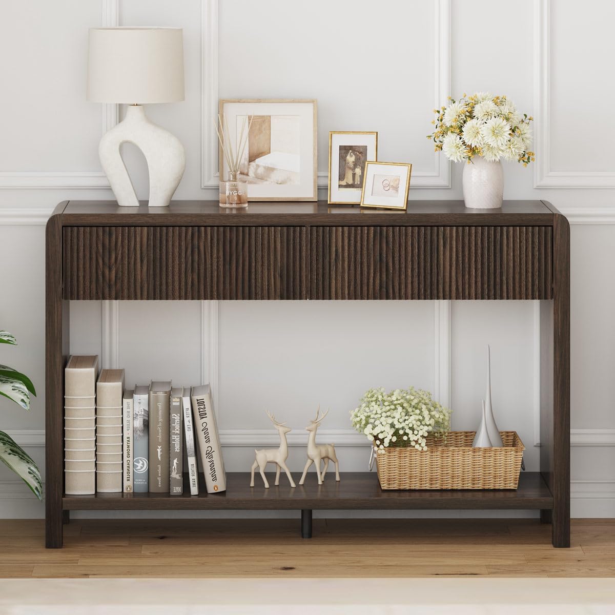FATORRI Console Sofa Table with 2 Drawers, Wood Couch Table Behind Sofa, Farmhouse Entryway Tables for Hallway Storage (47.2 inch, Dark Walnut)