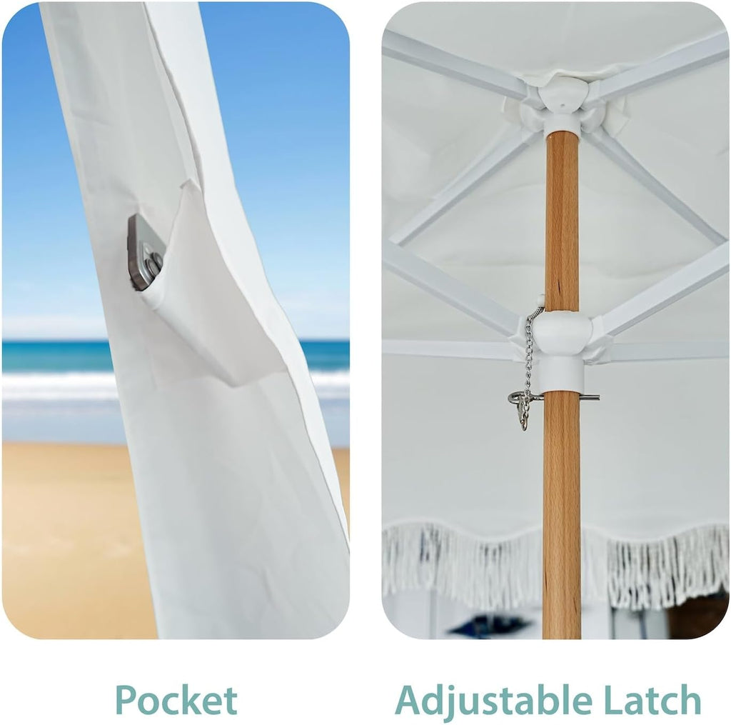 AMMSUN Beach Cabana with Blanket, 7' x 7' Boho Canopy with Tassels, Premium Wood Pole, Fringe Cabana Tent with Sand Pockets, Instant Sun Shade for Sand, Garden, Outdoor, Elegant White