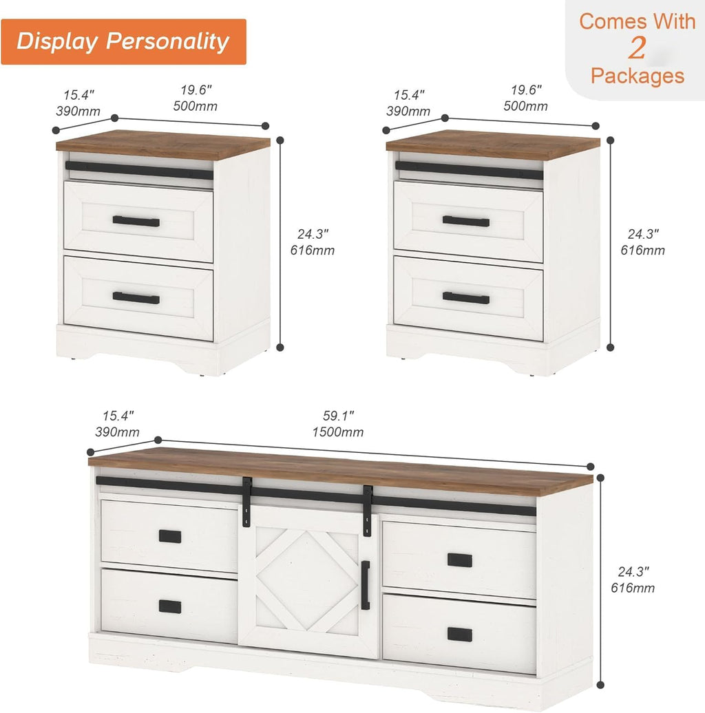 WAMPAT 3-in-1 Modern Farmhouse TV Stand for TVs up to 110',Large Wood Entertainment Center with 4 Drawers and Sliding Barn Door Cabinet for Living Room,Wood Grain Purposeful Distressing,Antique White