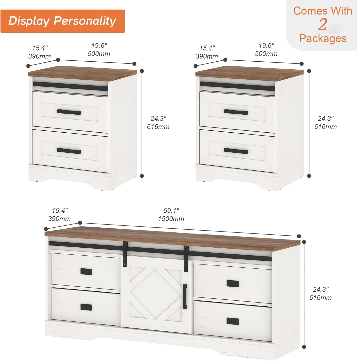 WAMPAT 3-in-1 Modern Farmhouse TV Stand for TVs up to 110',Large Wood Entertainment Center with 4 Drawers and Sliding Barn Door Cabinet for Living Room,Wood Grain Purposeful Distressing,Antique White