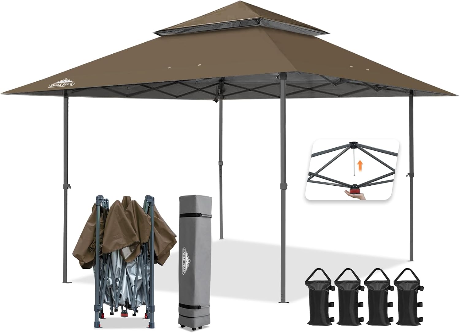 EAGLE PEAK 13x13 Straight Leg Pop Up Canopy Tent Instant Outdoor Canopy Easy Single Person Set up Folding Shelter w/Auto Extending Eaves 169 Square Feet of Shade (Brown)