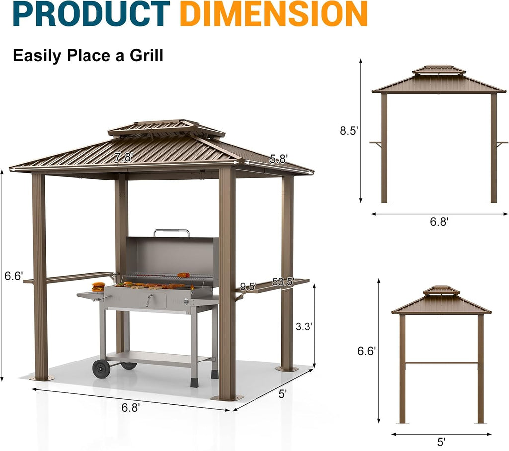 Hoteel 6x8 Hardtop Grill Gazebo, Outdoor Patio BBQ Gazebo with Galvanized Steel Double Roof, Hardtop Barbecue Canopy with 2 Side Shelves for Deck Lawn Backyard Garden,Brown
