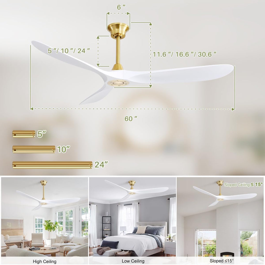CACI Mall 60' Ceiling Fan No Light, White Smart Ceiling Fan with Remote Control, Modern, without Light, Quiet Reversible DC Motor for Outdoor, Living Room, Bedroom, Patio, Porch