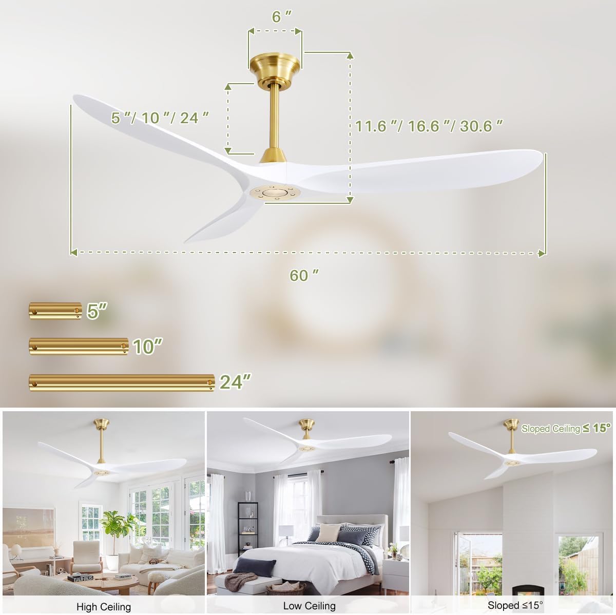 CACI Mall 60' Ceiling Fan No Light, White Smart Ceiling Fan with Remote Control, Modern, without Light, Quiet Reversible DC Motor for Outdoor, Living Room, Bedroom, Patio, Porch