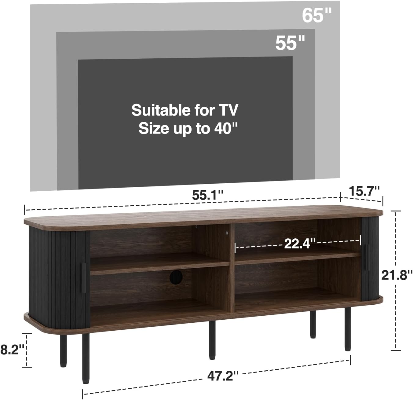 55' Modern Fluted TV Stand for TVs up to 65 Inch, Gaming Entertainment Center with Tambour Slatted Sliding Doors and Storage Cabinet, Media TV Consoles Table for Living Room, Office, Black