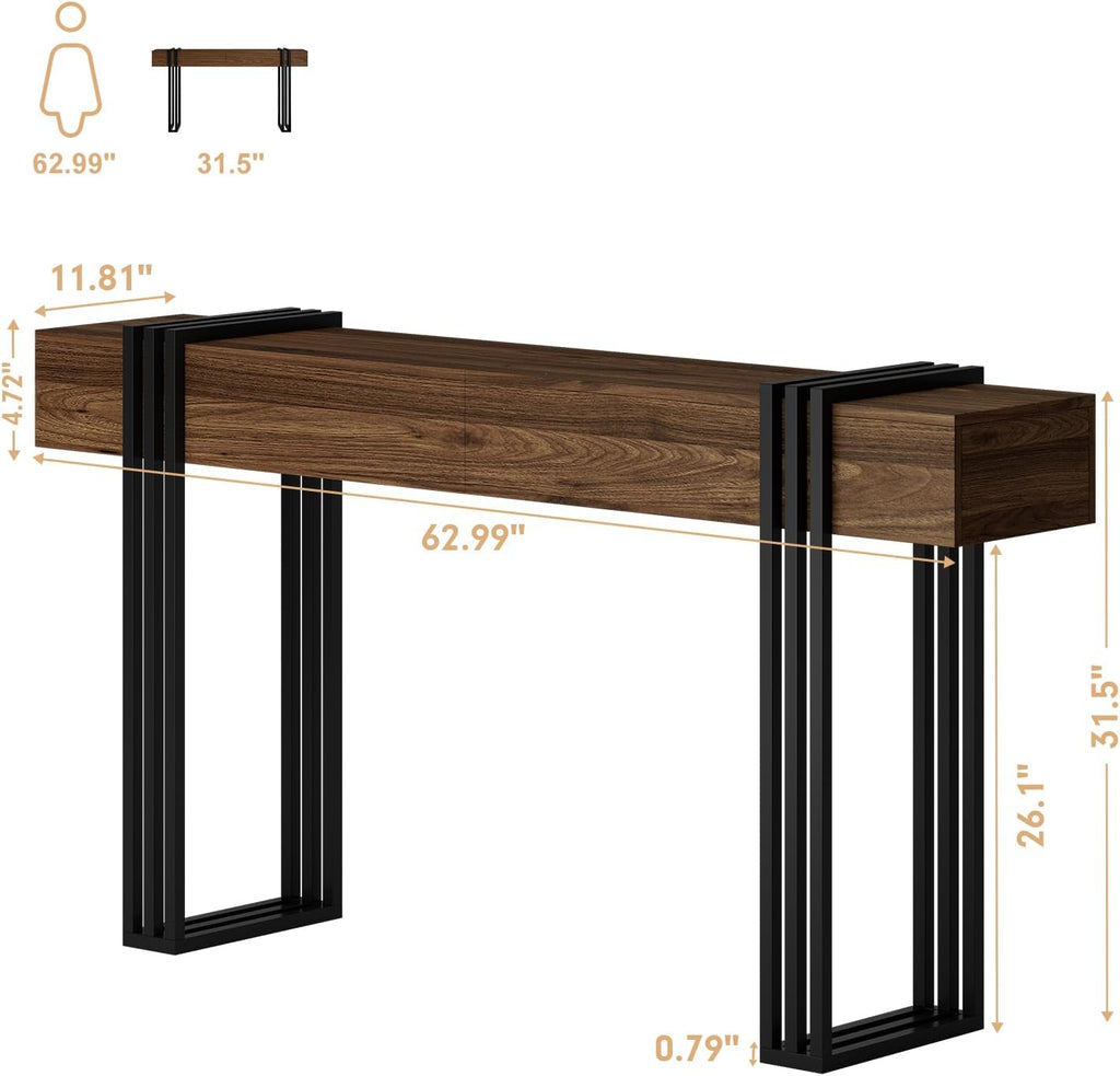 knoworld 63 Inch Console Table for Entryway, Industrial Sofa Tables Couch Table Behind Sofa for Living Room Hallway Foyer, Walnut