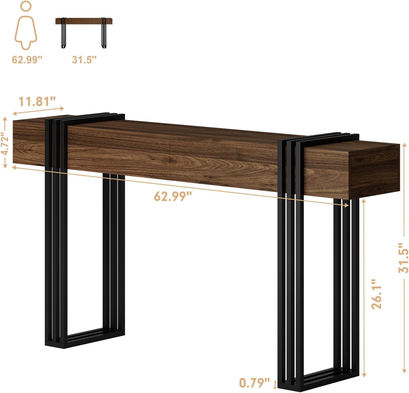 knoworld 63 Inch Console Table for Entryway, Industrial Sofa Tables Couch Table Behind Sofa for Living Room Hallway Foyer, Walnut