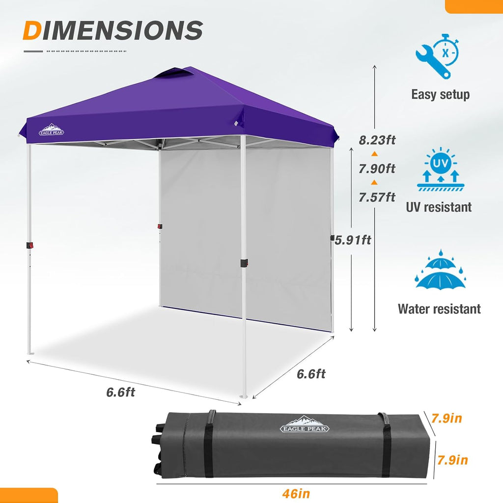 EAGLE PEAK Commercial Canopy 6.6x6.6 Pop Up Canopy Tent with 1 Sidewall, Easy Setup Heavy Duty Instant Event Shelter for Vendors & Markets, Outdoor Sun Shade, Purple