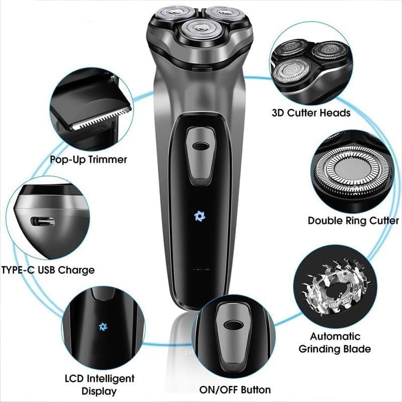 Electric Shavers for Bald Men, Electric Shaver Razor Men Type-C Rechargeable Shaving Beard Machine Intelligent Control Travel Lock (Color : Black)