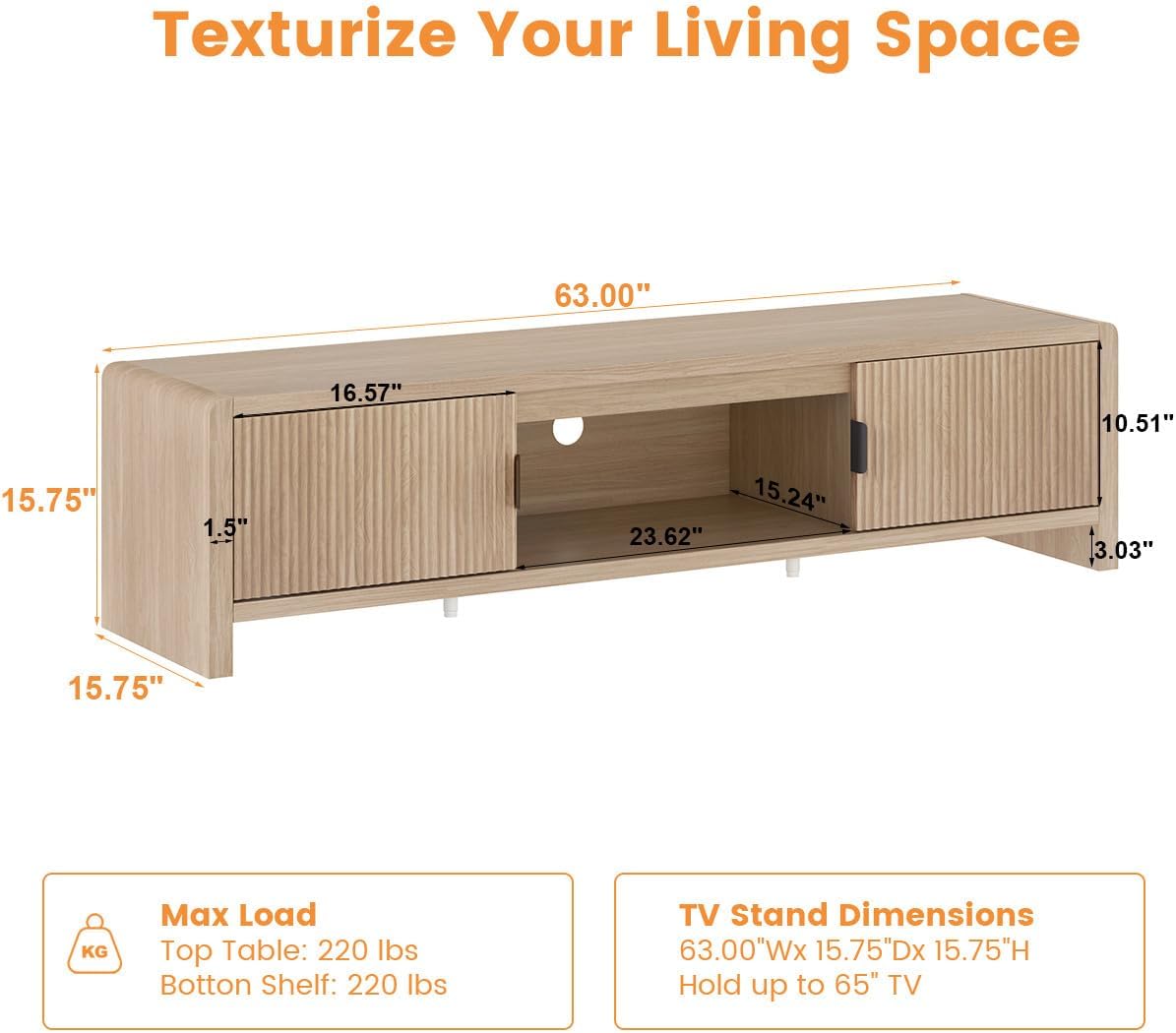FATORRI TV Stand for TVs up to 75/65/55 Inch, Wood Entertainment Center with Storage, Farmhouse Waveform Fluted-Door Television Media Console for Living Room, Bedroom (63 Inch W, Light Walnut)
