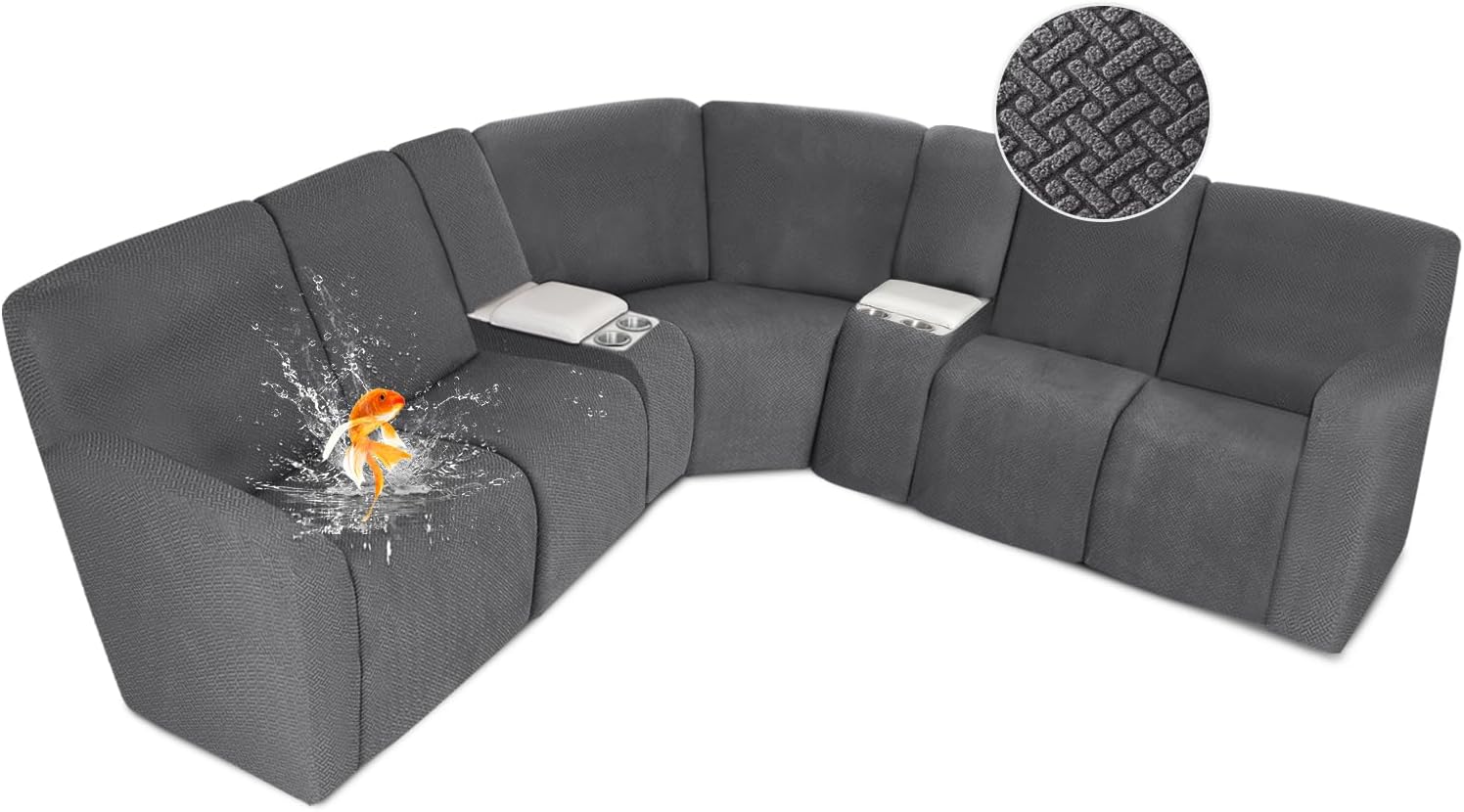 ALIECOM 100% Waterproof Recliner Sectional Couch Covers L Shape Stretch Corner Reclining Sectional Sofa Cover Washable Recliner Slipcover Protector for Dog Pet (5 Seat and 2 Console, Medium Gray)