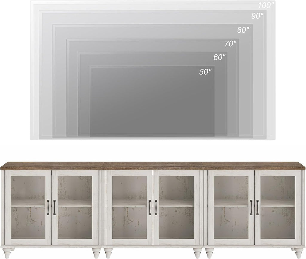 WAMPAT Farmhouse TV Stand for 100 Inch TV, Glass Wooden Universal TV Stand with 3 Storage Cabinets, Entertainment Center for 75/80/85/90 Inch TV, Console Table for Living Room, Bedroom, Rustic White
