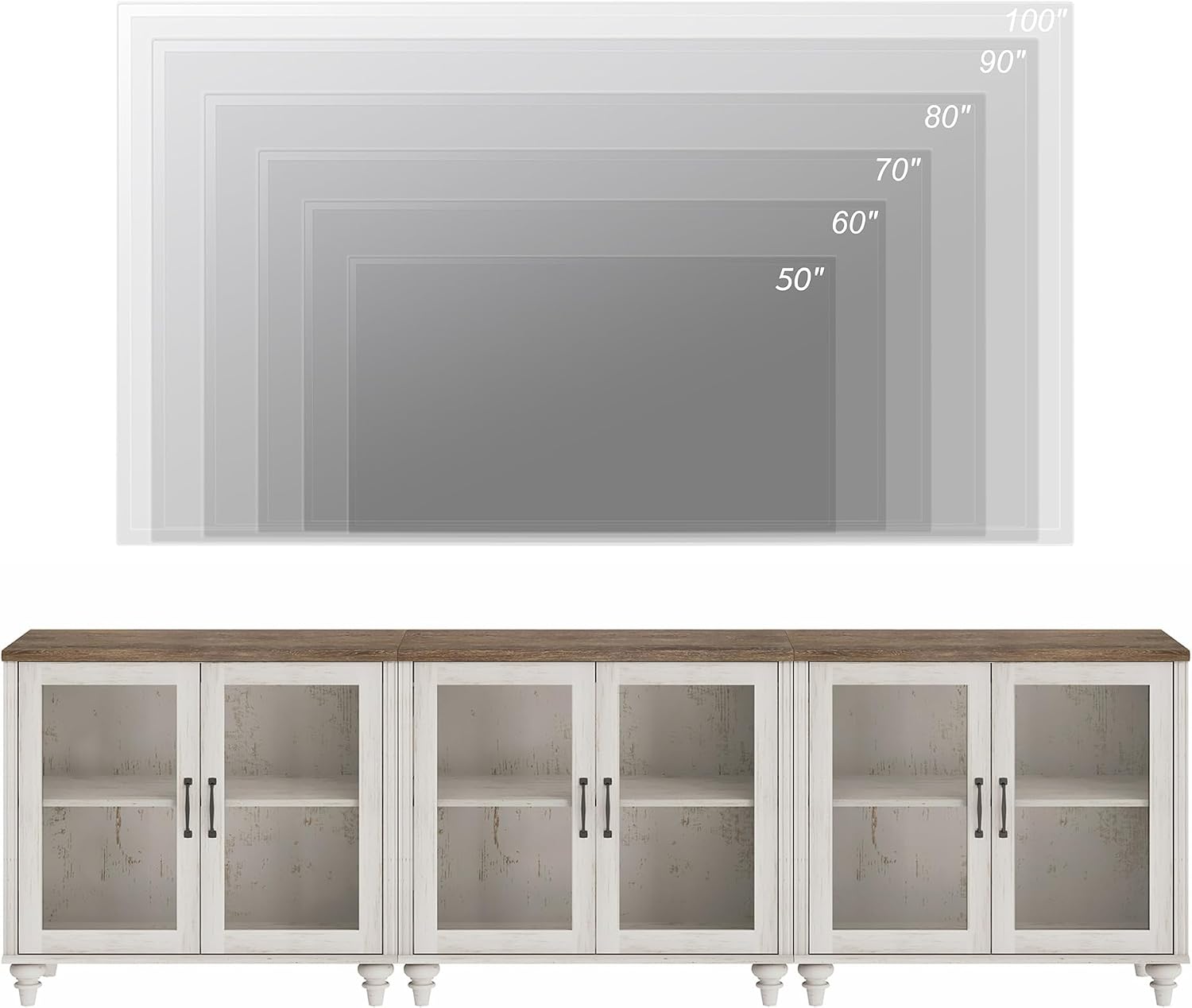WAMPAT Farmhouse TV Stand for 100 Inch TV, Glass Wooden Universal TV Stand with 3 Storage Cabinets, Entertainment Center for 75/80/85/90 Inch TV, Console Table for Living Room, Bedroom, Rustic White