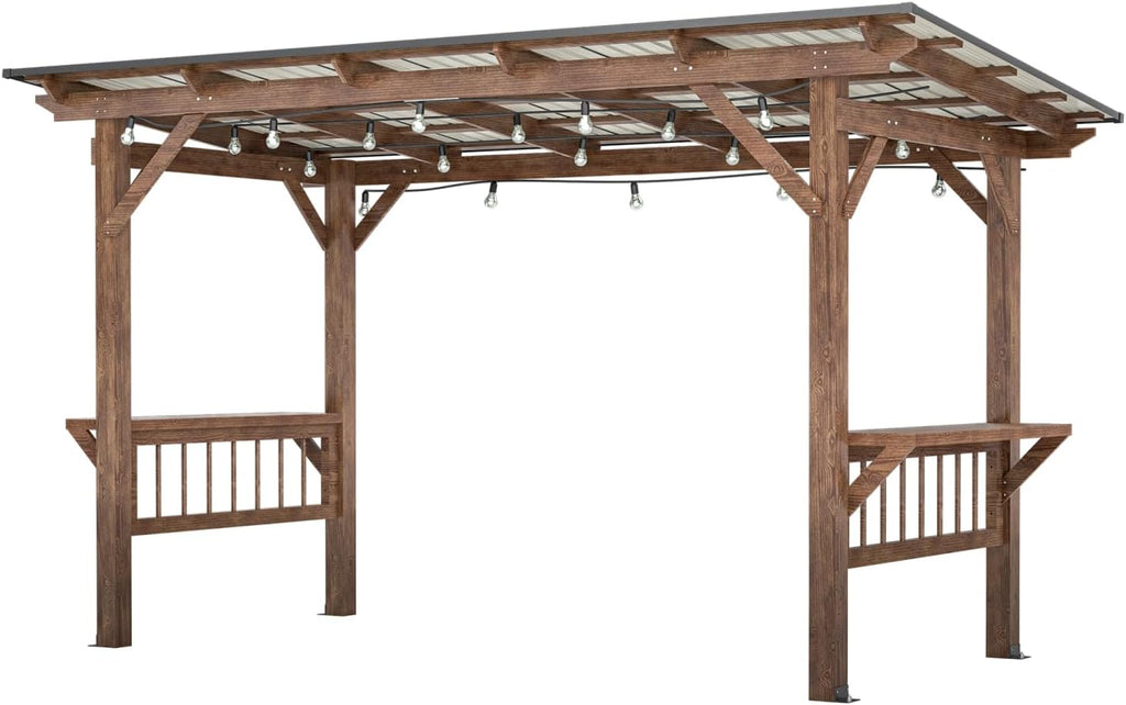 13' x 6.5' Wooden Pergola Grill Gazebo with Metal Roof & Counters Brown Spacious BBQ Outdoor Living