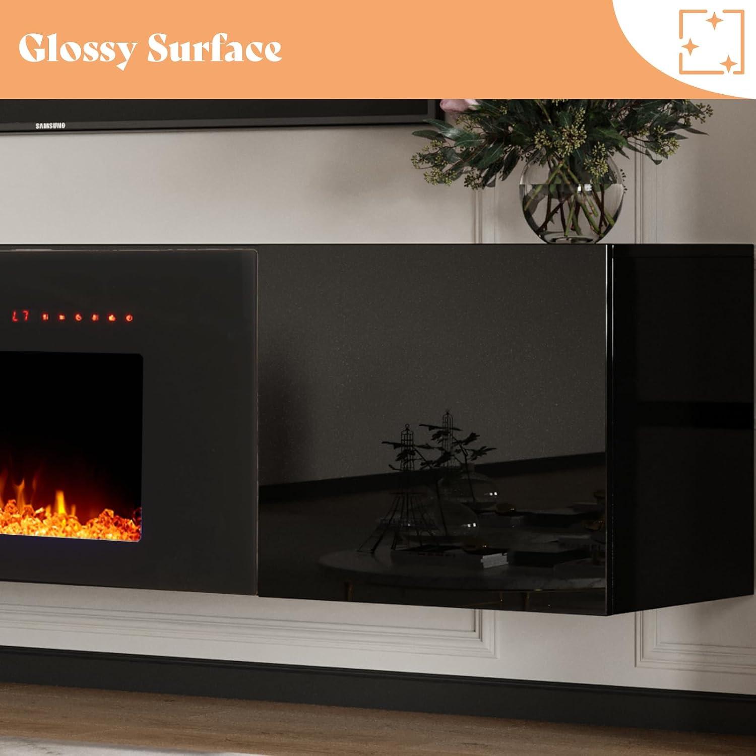 AMERLIFE Floating Fireplace TV Stand, Wall Mounted Mirrored Entertainment Center with 40' Electric Fireplace, Modern LED Lights Media Console for TVs Up to 90', Black