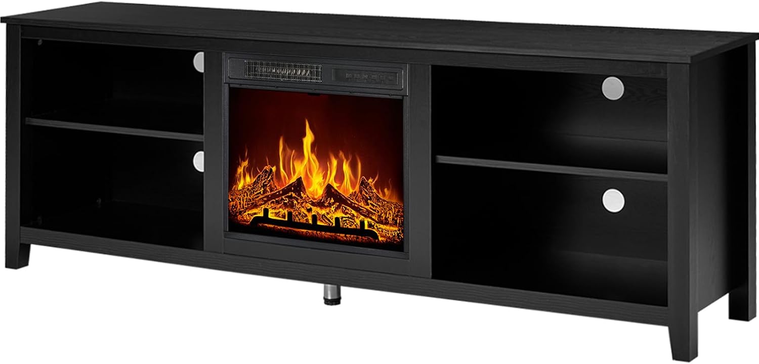 AMERLIFE Fireplace TV Stand, Wood Texture Entertainment Center with 23'' Electric Fireplace, Farmhouse Entertainment Stand Media TV Console for TVs Up to 80'', 70 inches, Black