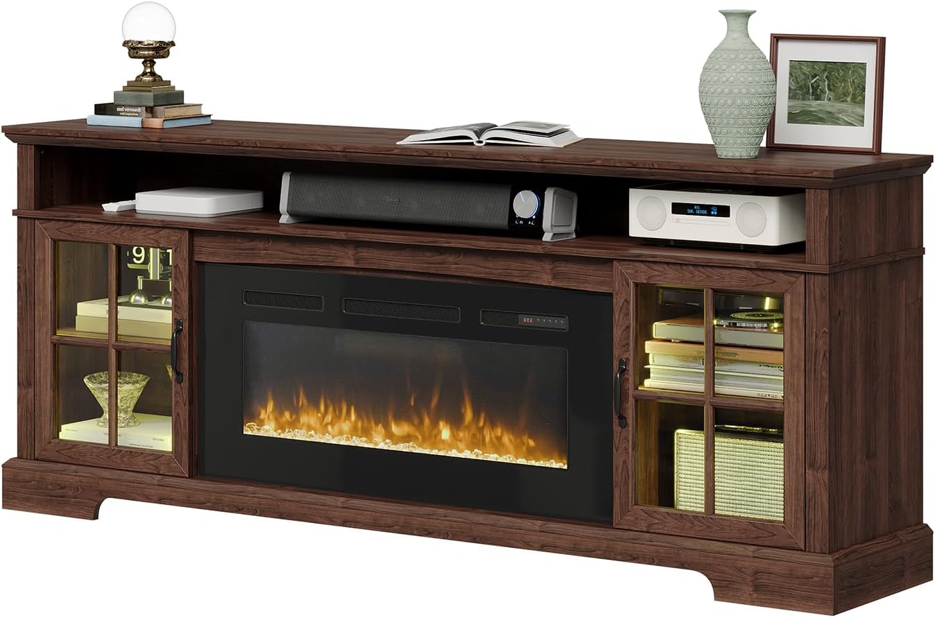 70' Farmhouse TV Stand with 36' Fireplace for TVs up to 80', Media Entertainment Center with Adjustable Shelves and Large Storage Cabinets, for Living Room, Brown & Black