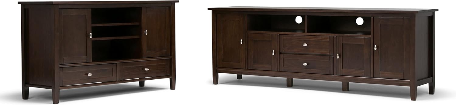 SIMPLIHOME Warm Shaker TV Stand - 72 inch Wide Solid Wood Media Console in Tobacco Brown, Transitional Entertainment Center for Living Room for TVs up to 80 Inches with Cabinets and Cable Management